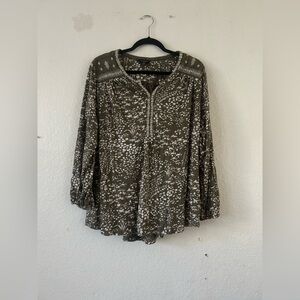 Lucky Brand Olive Floral‎ Embroidered Blouse Long Sleeved 3X Boho Artsy Fall